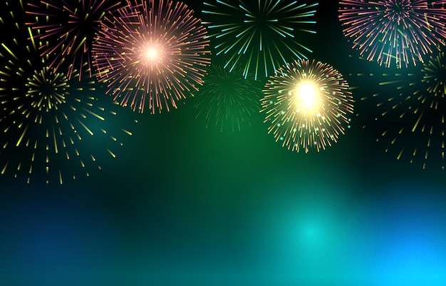 Vector happy new year fireworks party bright night sky background