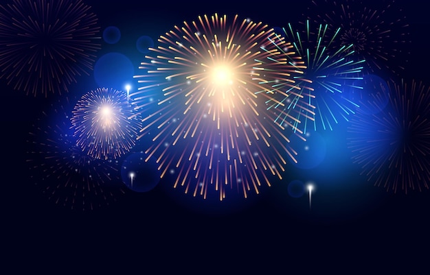 Vector happy new year fireworks party bright night sky background