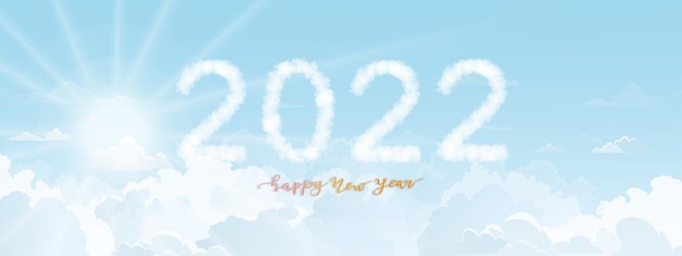 Вектор С новым годом, пушистые облака 2022 года на голубом небе, векторный календарь, типографский текст, 2022 год