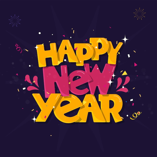 Vector happy new year font with confetti and fireworks on purple background