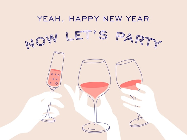 Happy new year fun postcard line illustration vector design Invitation for party