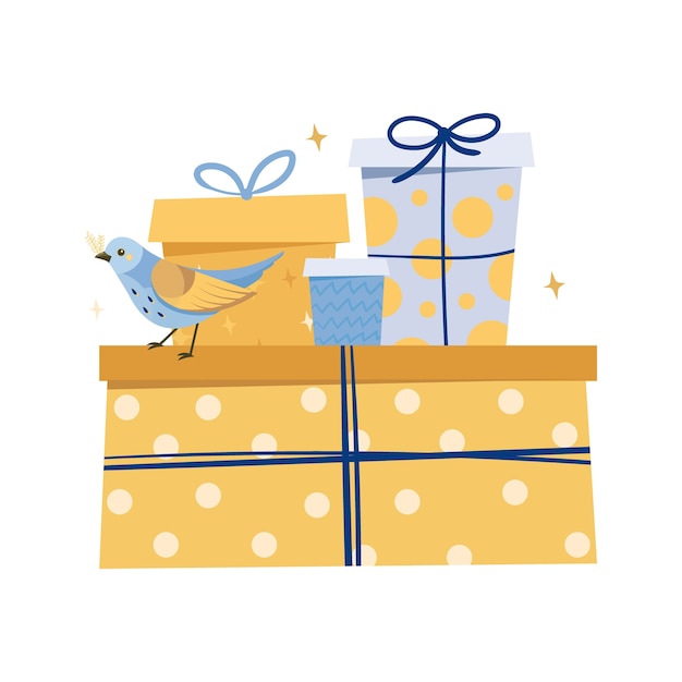 Happy New Year gifts and bird. Cartoon styled illustration