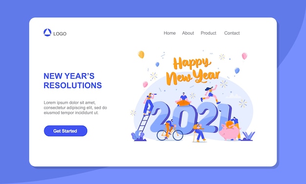 Happy new year goals and resolutions concept tiny people having fun with their goals landing page