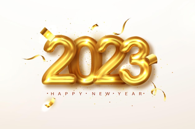 Felice anno nuovo design oro numeri metallici data della cartolina d'auguri felice anno nuovo banner con numeri