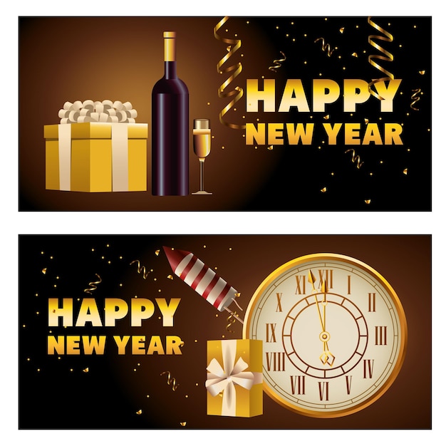 シャンパンと時計のイラストと新年あけましておめでとうございますゴールデンレタリング
