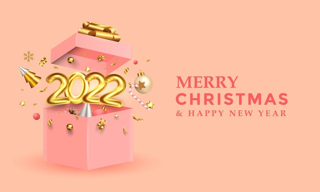 Segno di numero dorato del buon anno 2022. contenitore di regali aperto festivo 3d realistico del fondo di buon natale. regalo di vendita di natale. scatole rosa decorative per le vacanze. illustrazione vettoriale 3d