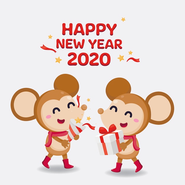 Happy New Year Greeting card 2020 with cute rats