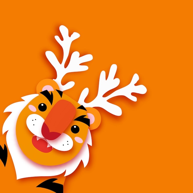 Happy New Year greeting card. Chinese Tiger New Year, Deer horns paper cut style Winter holidays Orange