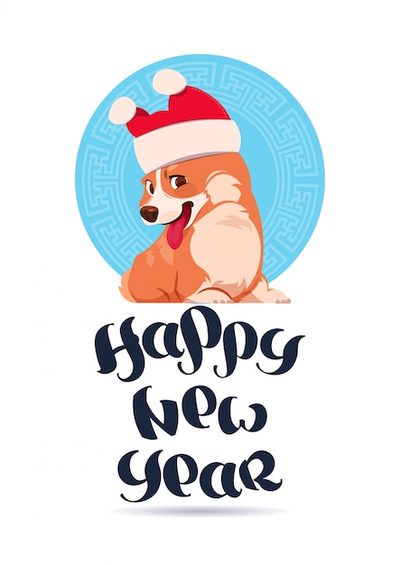 Happy New Year Greeting Card Design With Lettering And Corgi Dog Wearing Santa Hat