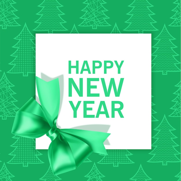 Cartolina d'auguri di felice anno nuovo su sfondo verde con posto per testo e decorazione con fiocco verde