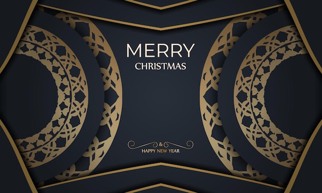 Шаблон поздравительной открытки с новым годом в темно-синем цвете с винтажным золотым узором