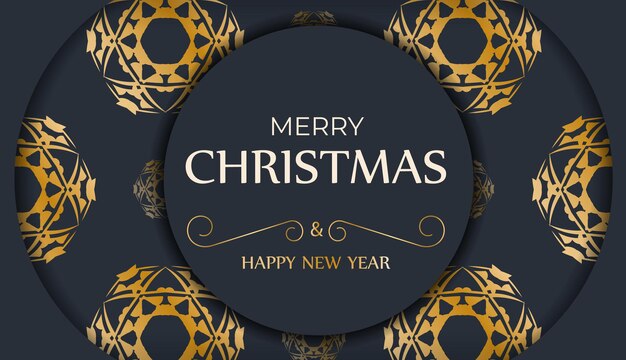 Vector happy new year greeting card template in dark blue color with vintage gold pattern