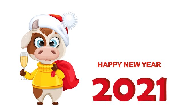 Cartolina d'auguri di felice anno nuovo con toro divertente