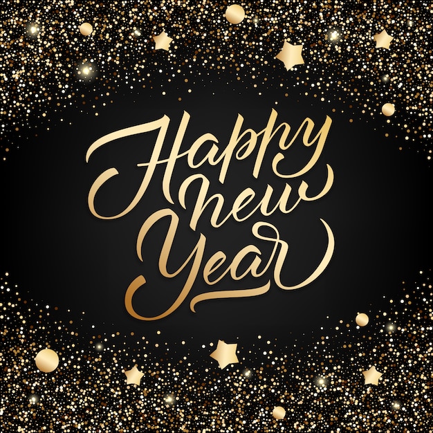 Happy new year greeting card with a glitter and lettering 