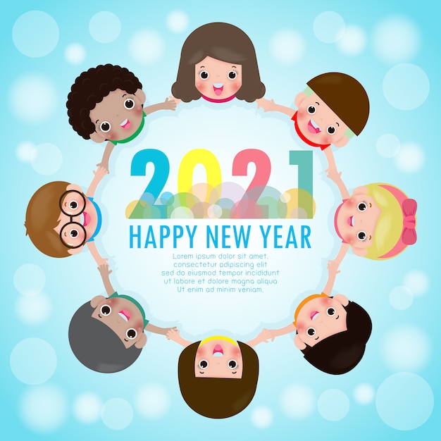 Happy new year greeting card with group kids