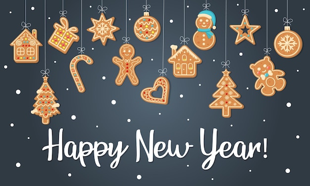 Happy new year greeting card with hanging gingerbread cookies. vector illustration.