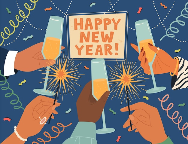 Vector happy new year greeting card with human hands holding champagne glasses