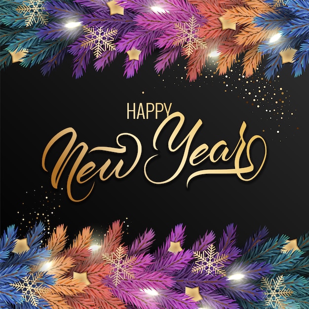 Cartolina d'auguri di felice anno nuovo con una realistica ghirlanda colorata di rami di pino, decorata con luci, stelle d'oro