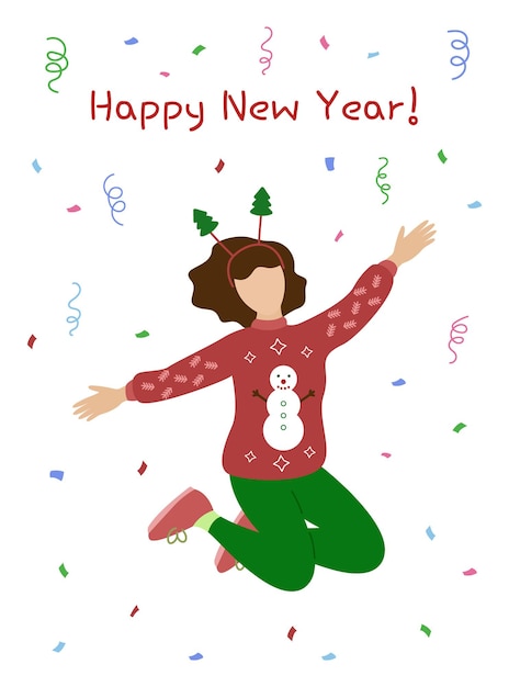 Открытка с новым годом женщина в свитере прыгает и веселится на новогодней вечеринке с конфетти