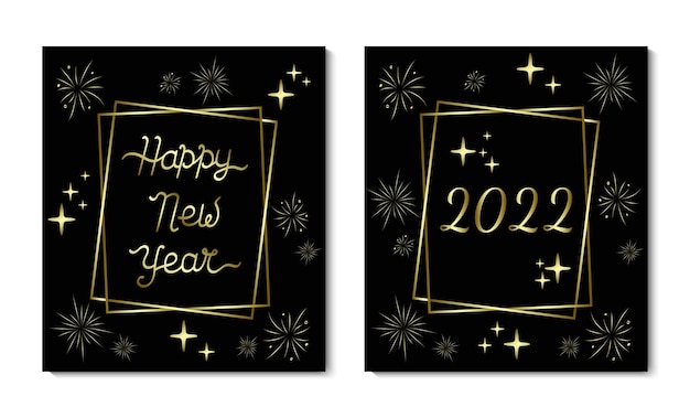 Cartoline di auguri di felice anno nuovo scritte dorate su sfondo nero elementi di fuochi d'artificio e stelle