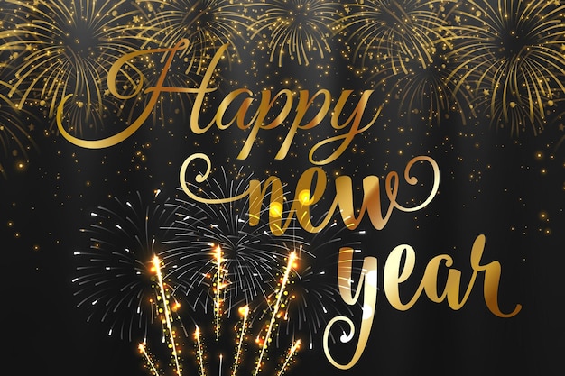 Vector happy new year greeting with dark bokeh background