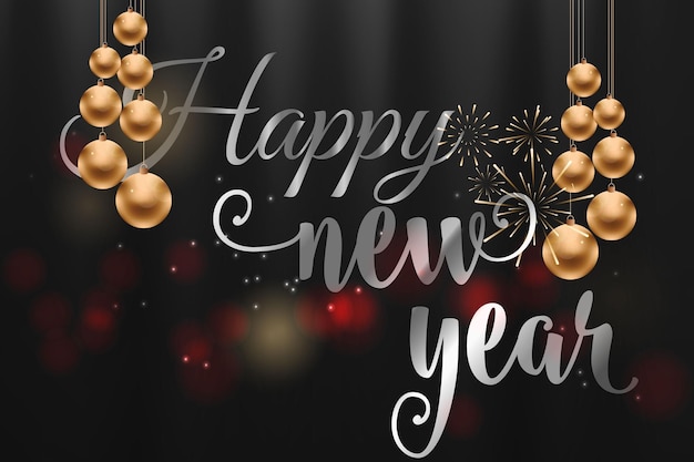 Vector happy new year greeting with dark bokeh background