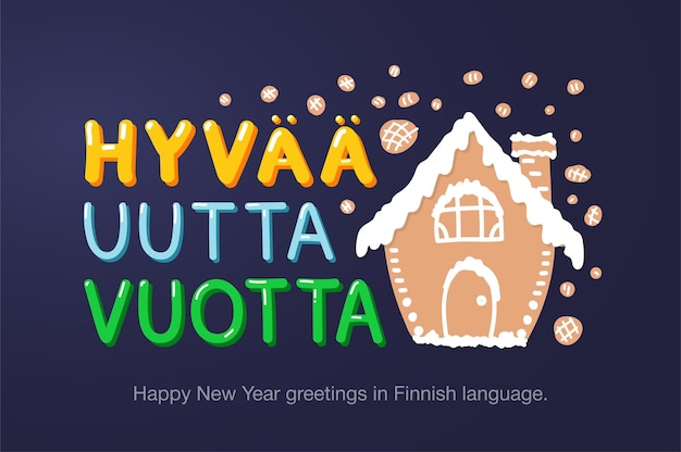 Happy New Year greetings in Finnish language in cartoon style