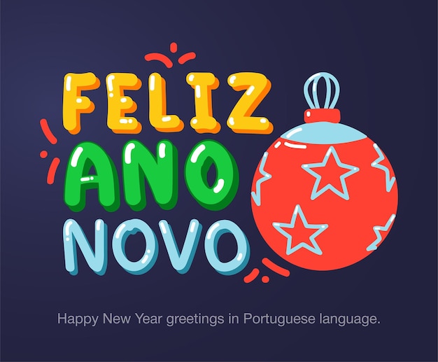 Happy new year greetings in portuguese language in cartoon style