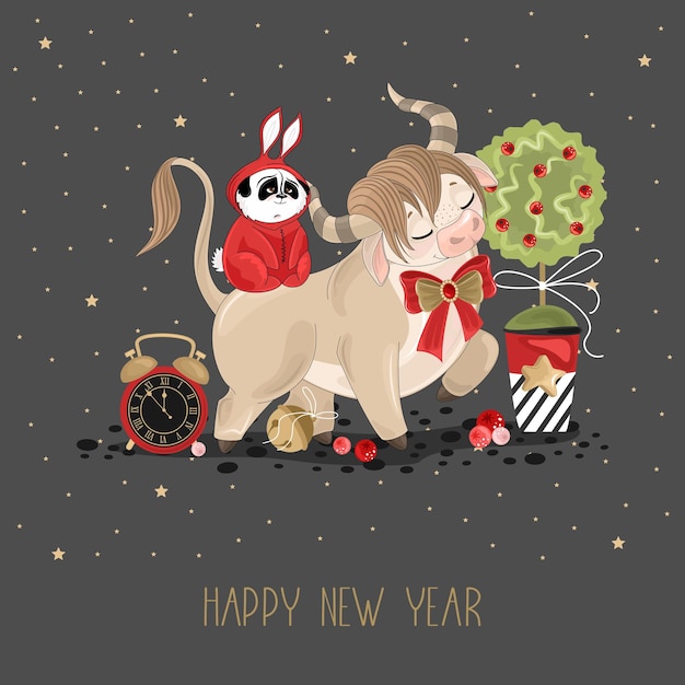 Vector happy new year greetings with a festive bull twigs and sweets