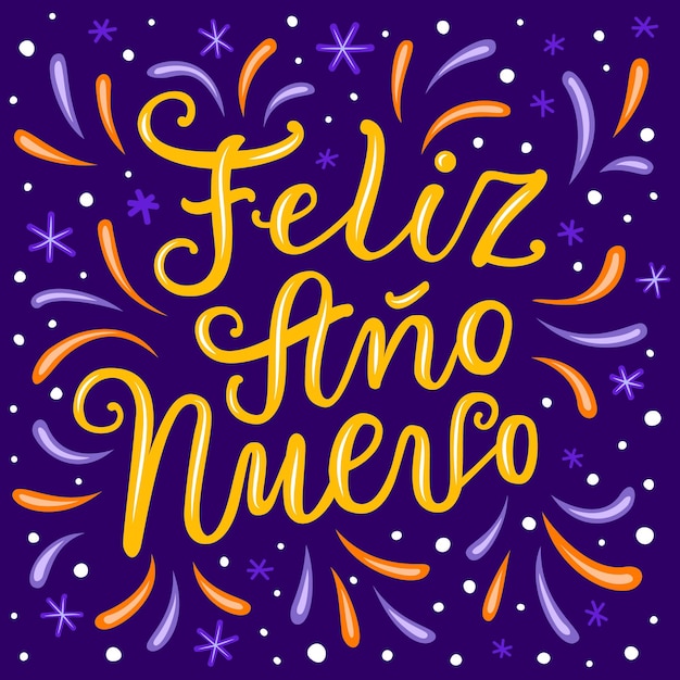 Happy new year hand drawn lettering phrase in spanish language on the dark violet ornate background