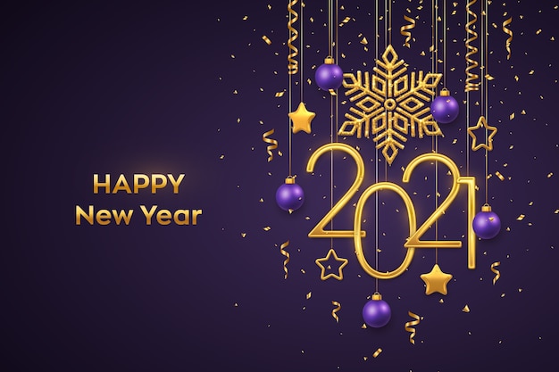 С новым годом висячие золотые металлические цифры с сияющими снежинками, металлическими звездами, шарами и конфетти