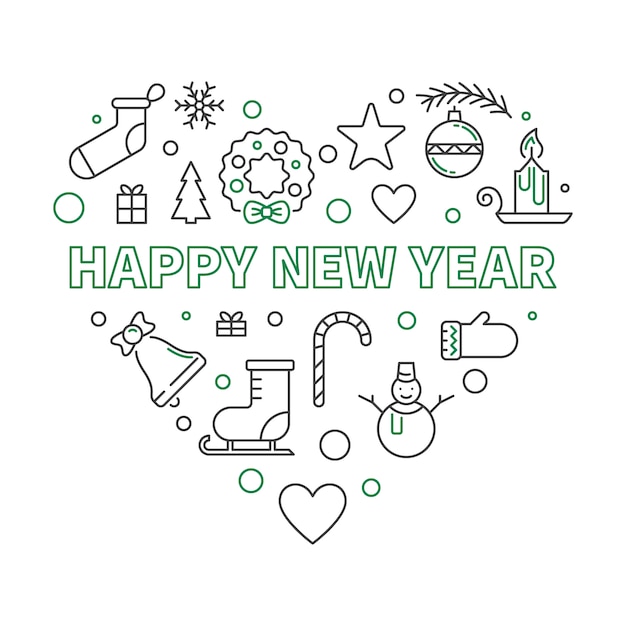 happy new year heart outline concept illustration