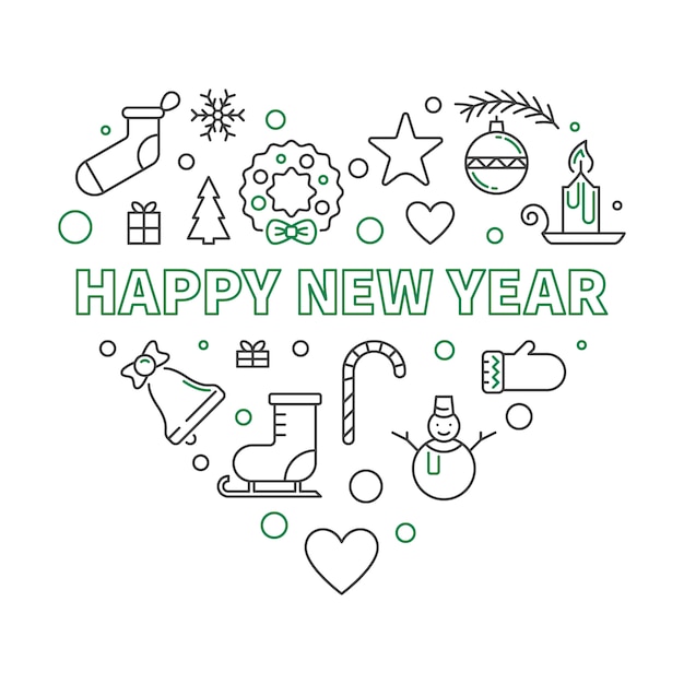 Vector happy new year heart outline concept illustration