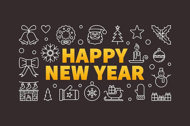 Happy new year horizontal vector concept outline illustration - creative banner