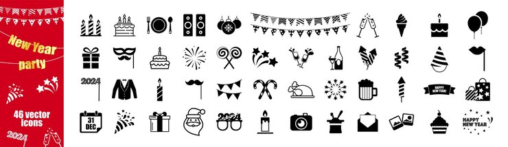 Happy New Year Icon Collection Inclusief pictogrammen als vieren feest muziek felicitaties en meer