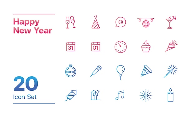 Happy New Year icon set gradient outline style 20 icon set of New Year Happy New Year illustration