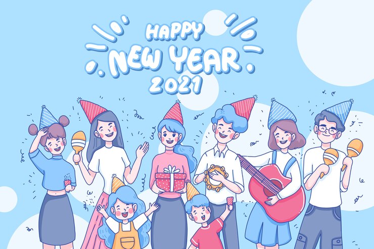 Happy new year illustration. People celebrating together cartoon illustration.