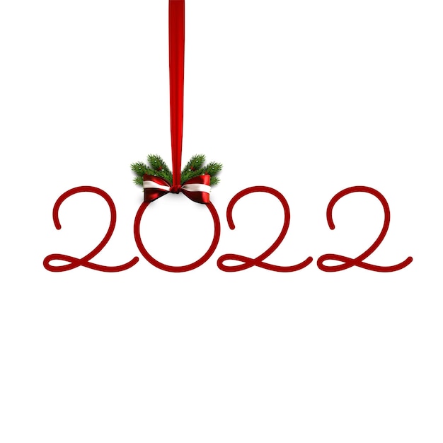 Happy new year illustration with 2022 numbers, red bow and christmas tree btanch.