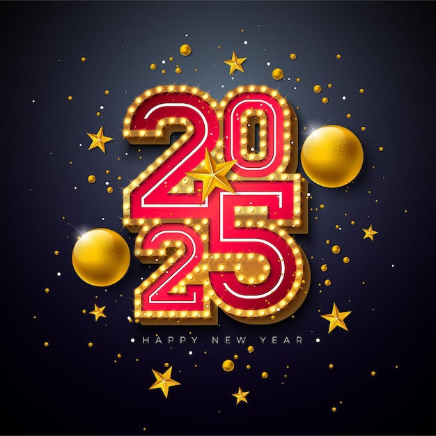 happy new year illustration with d glowing light bulb billboard typography lettering christmas ball