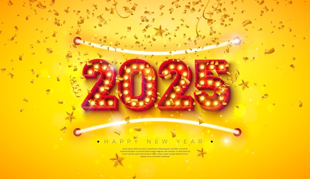 happy new year illustration with d glowing light bulb billboard typography lettering and falling
