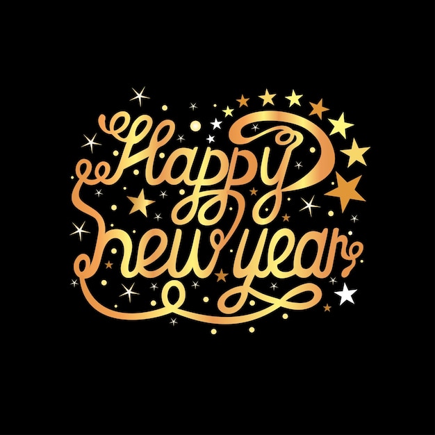 Happy new year inscription on a black background in gold letters gold decorations added