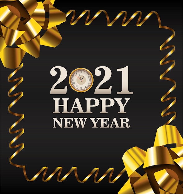 Happy new year lettering card with golden bows frame illustration