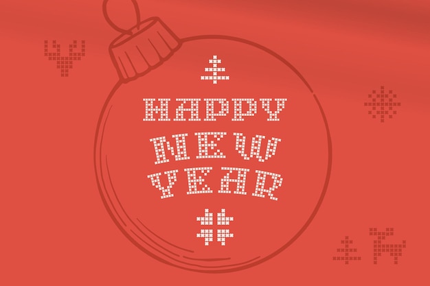 Le scritte di felice anno nuovo sono fatte di maglie rotonde spesse segno di stile piatto con una serie di icone bonus