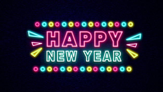 Happy new year lettering neon sign vector set template