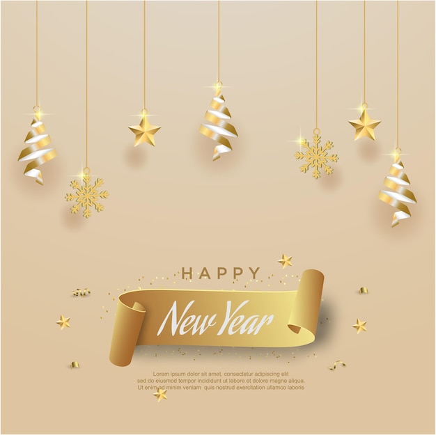 Happy new year lettering realistic ribbon background