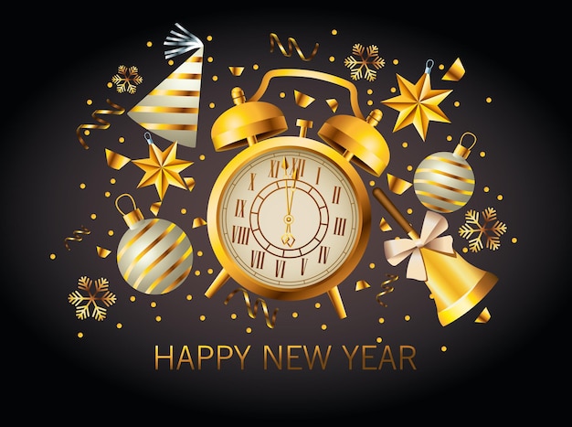 Vector happy new year lettering with golden alarm clock illustration