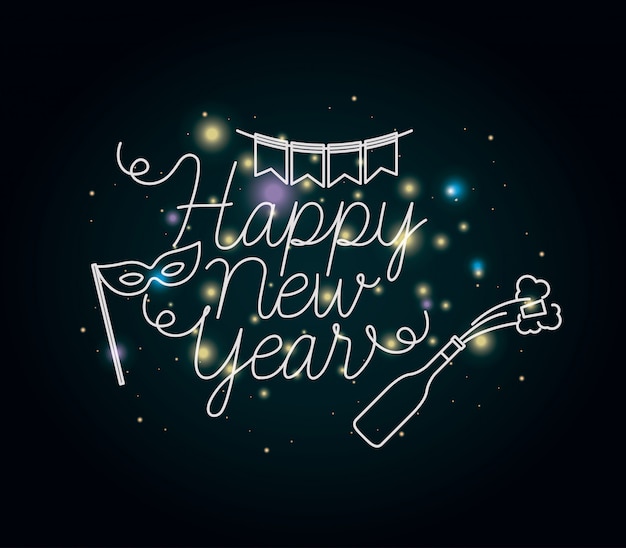 Vector happy new year lettering with lights and icons