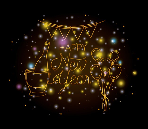 Felice anno nuovo lettering con luci e icone