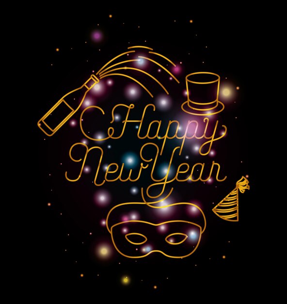 Vector happy new year lettering with lights and icons