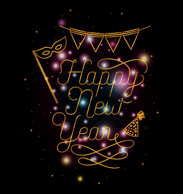 Happy new year lettering with lights and icons